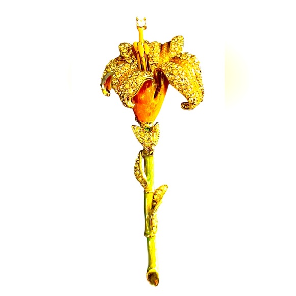 St. John Stemmed Flower Lily Brooch with Enamel and Austrian Crystals Signed - Picture 1 of 6